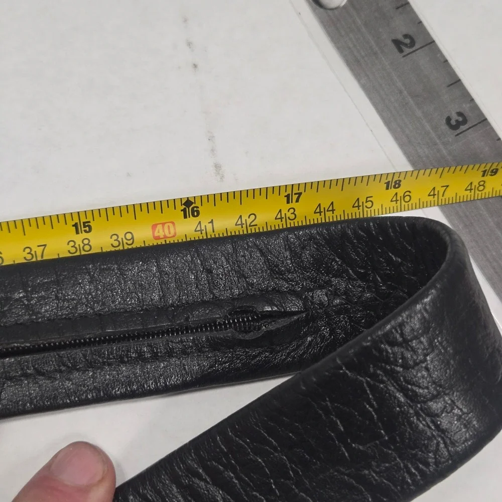 Vintage‎ Bonjour Mens Black Leather Money Belt Hidden Zipper Pocket SZ 44 Silver